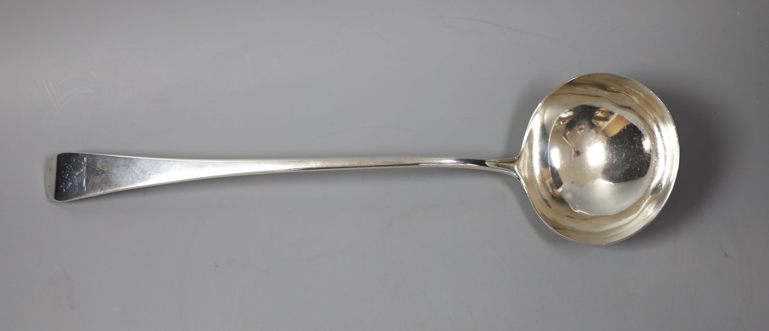 A George III silver Old English pattern soup ladle, Eley & Fearn, London, 1818, 177 grams, 33.9cm.